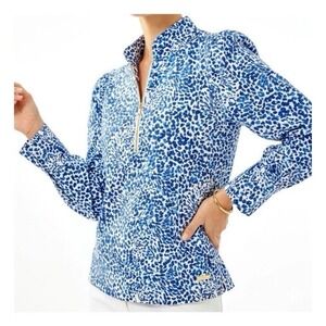 NWT Lilly Pulitzer Womens Cabello Half Zip Pullover Blue Leopard Twisted Up Sz S